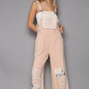 NEW POL Lace Patchwork Wide Leg Denim Overalls Pink L